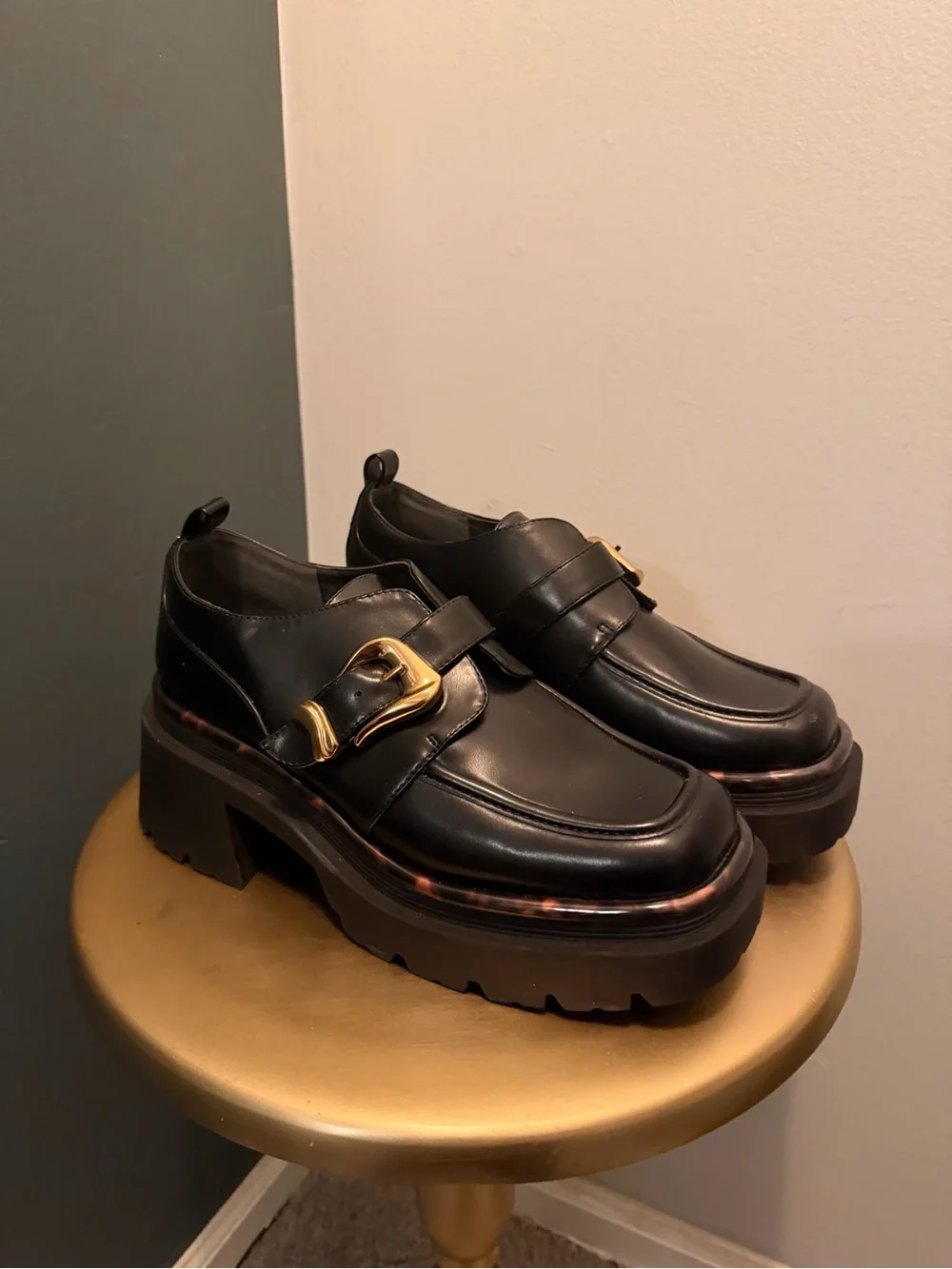 Black Chunky Loafer with Gold Buckle - Women's Shoes - Picture 2 of 6